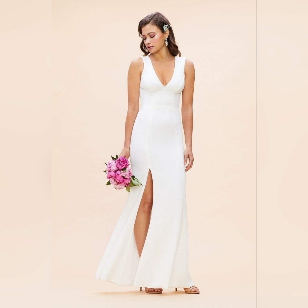 NWT DRESS THE POPULATION Sandra White Curved-Back Mermaid‎ Gown Maxi dress L